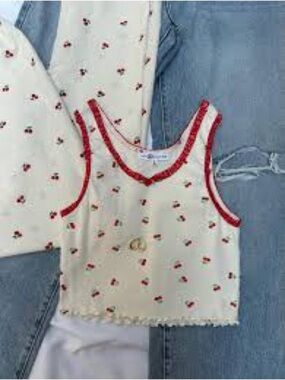 Cream and Red Cherry Print Crop Tank Pajama Top